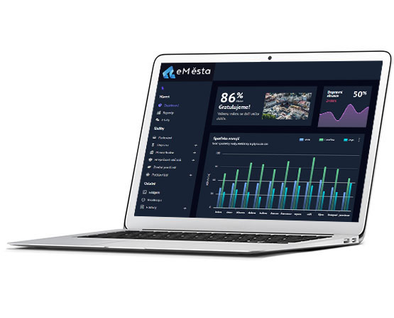 Notebook s otevřeným oknem dashboardu eMěsta